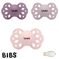 BIBS Infinity Sutter med navn str2, 1 Blossom, 1 Mauve, 1 Dusky Lilac, Symmetrisk Silikone